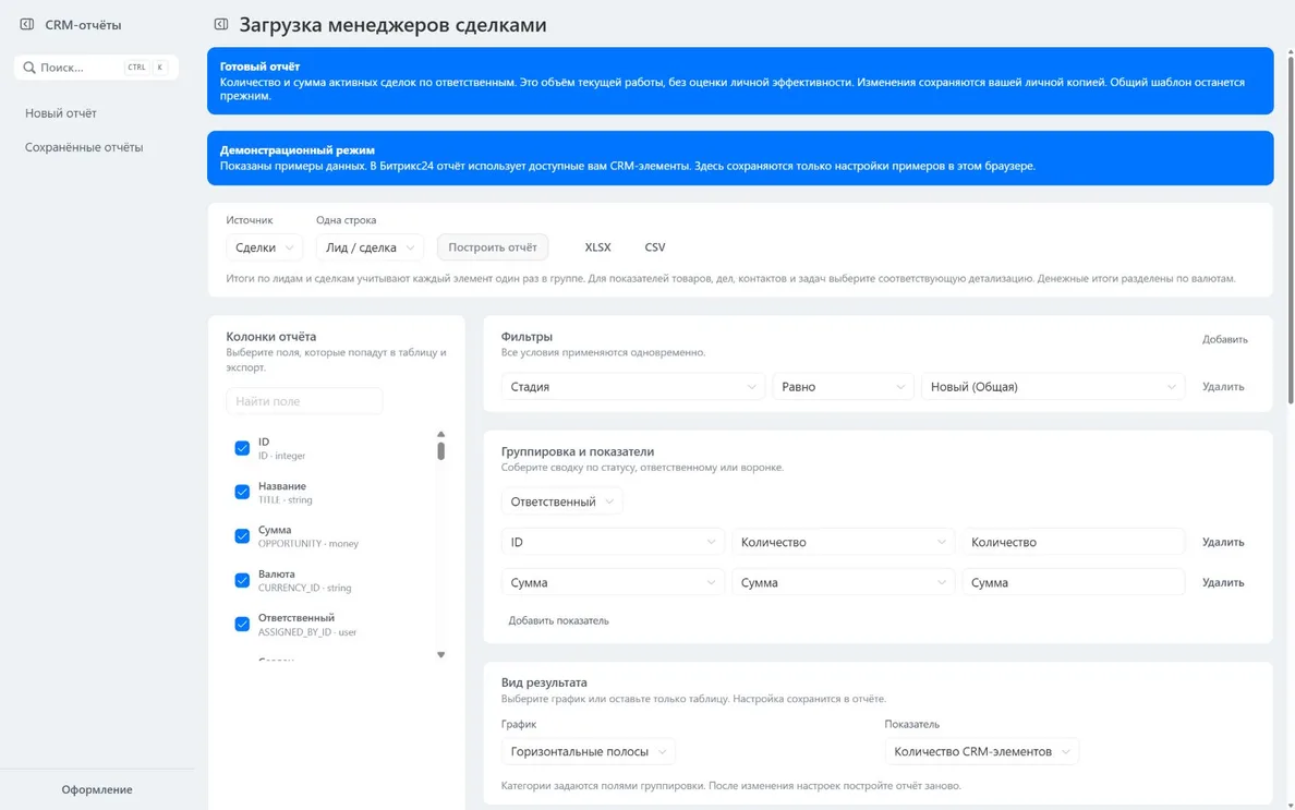 Настройка колонок, фильтра стадии с названием воронки, группировки и показателей