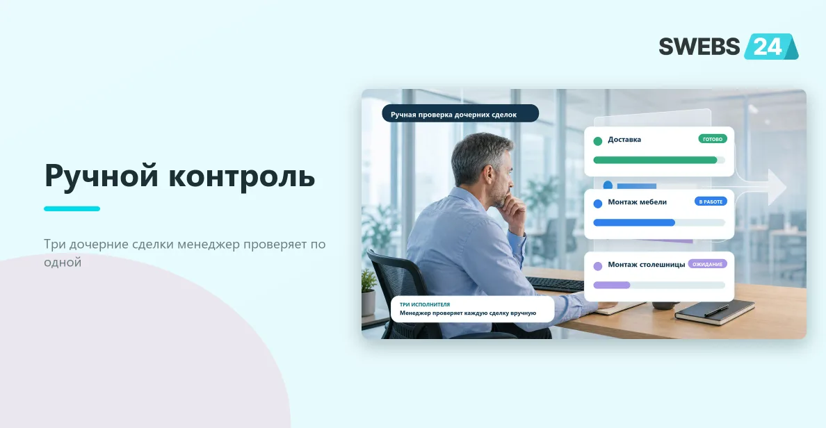 Менеджер вручную проверяет статусы трёх дочерних сделок