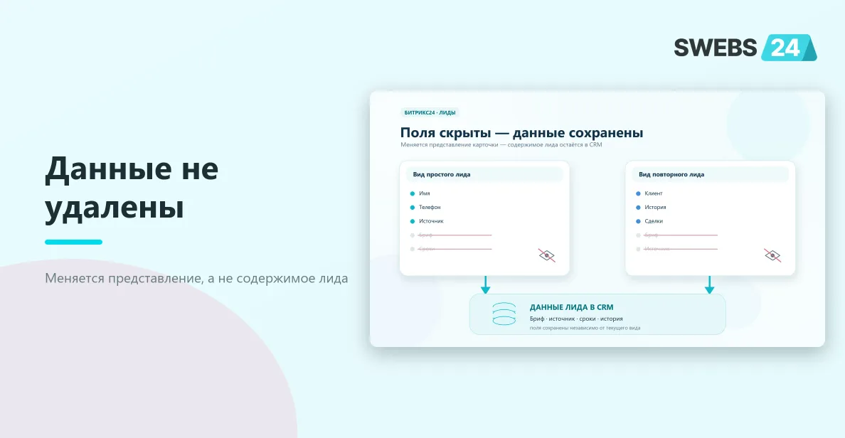 Разные виды карточки скрывают часть полей, но данные лида остаются в CRM