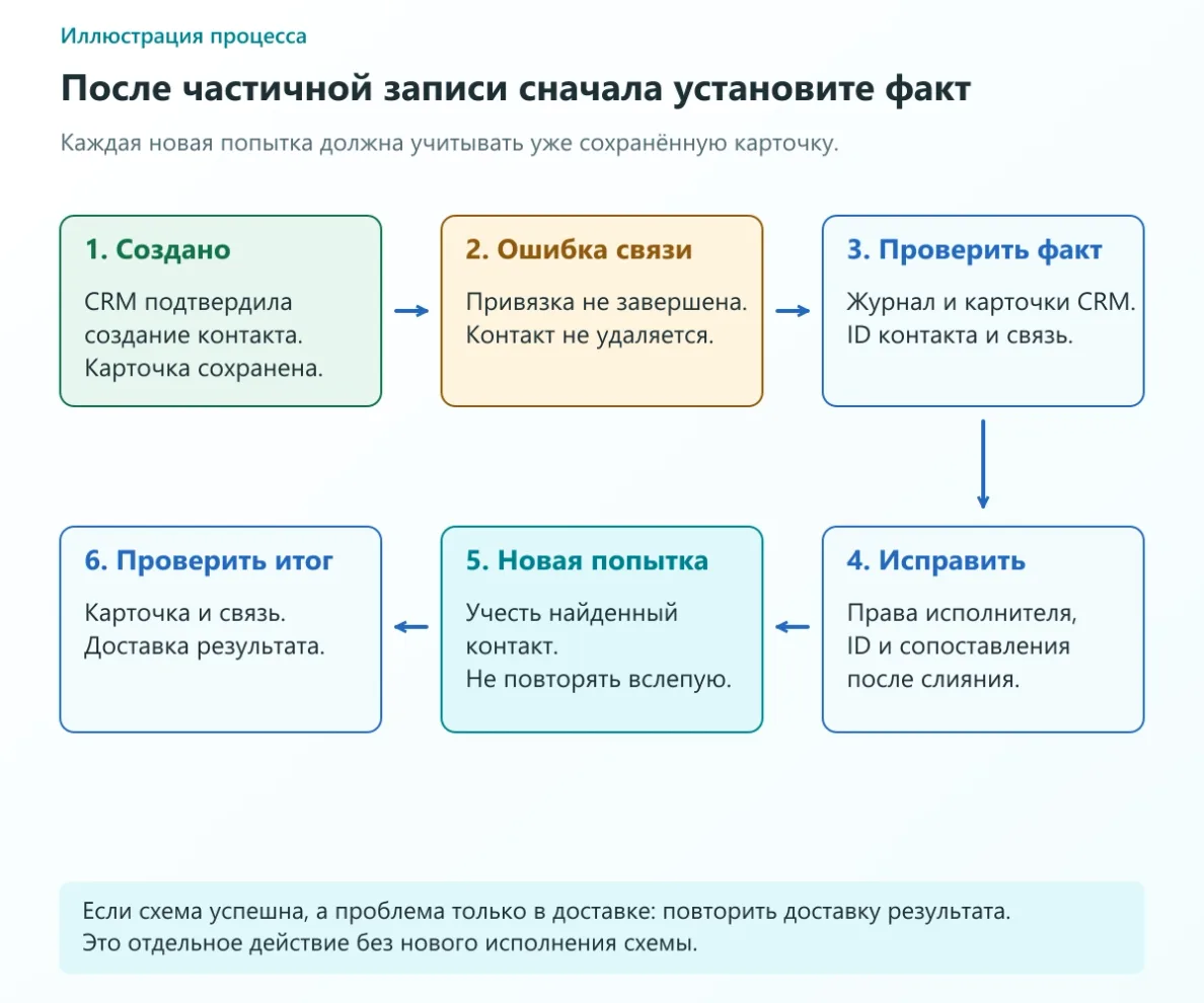 Временная последовательность: контакт создан, привязка ошиблась, проверка журнала и CRM, исправление причины, осмысленная повторная попытка и проверка итога