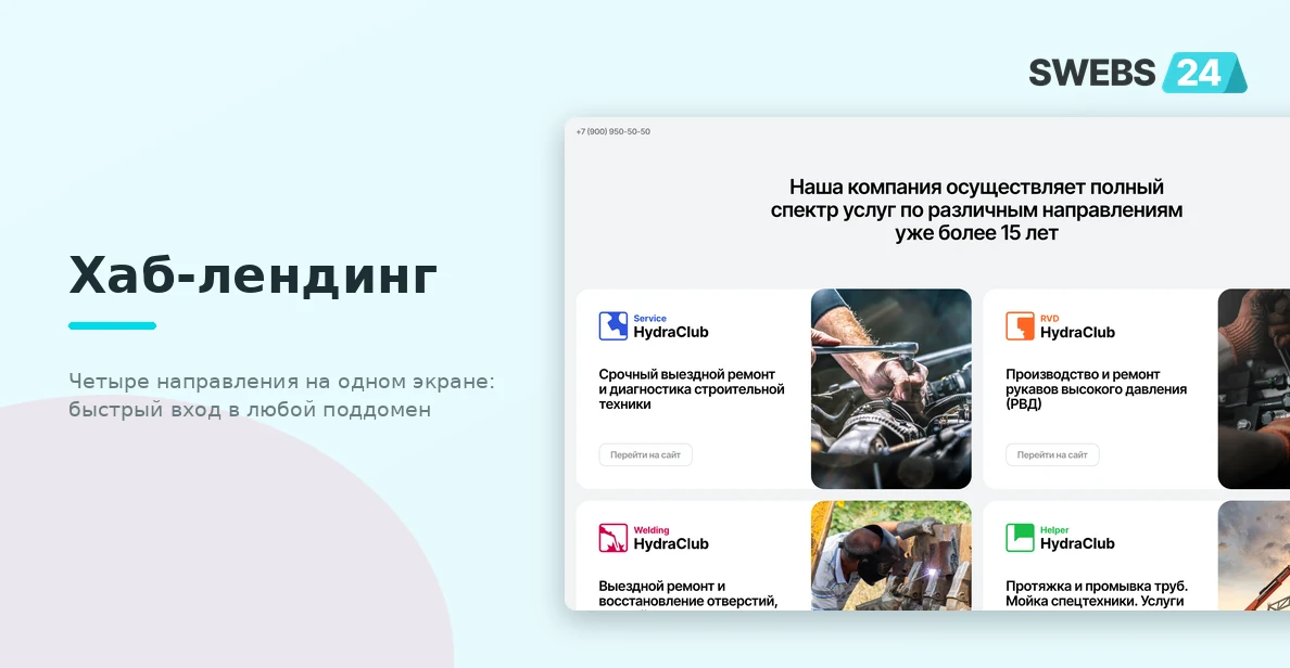 Хаб-лендинг HydraClub — четыре направления на одном экране
