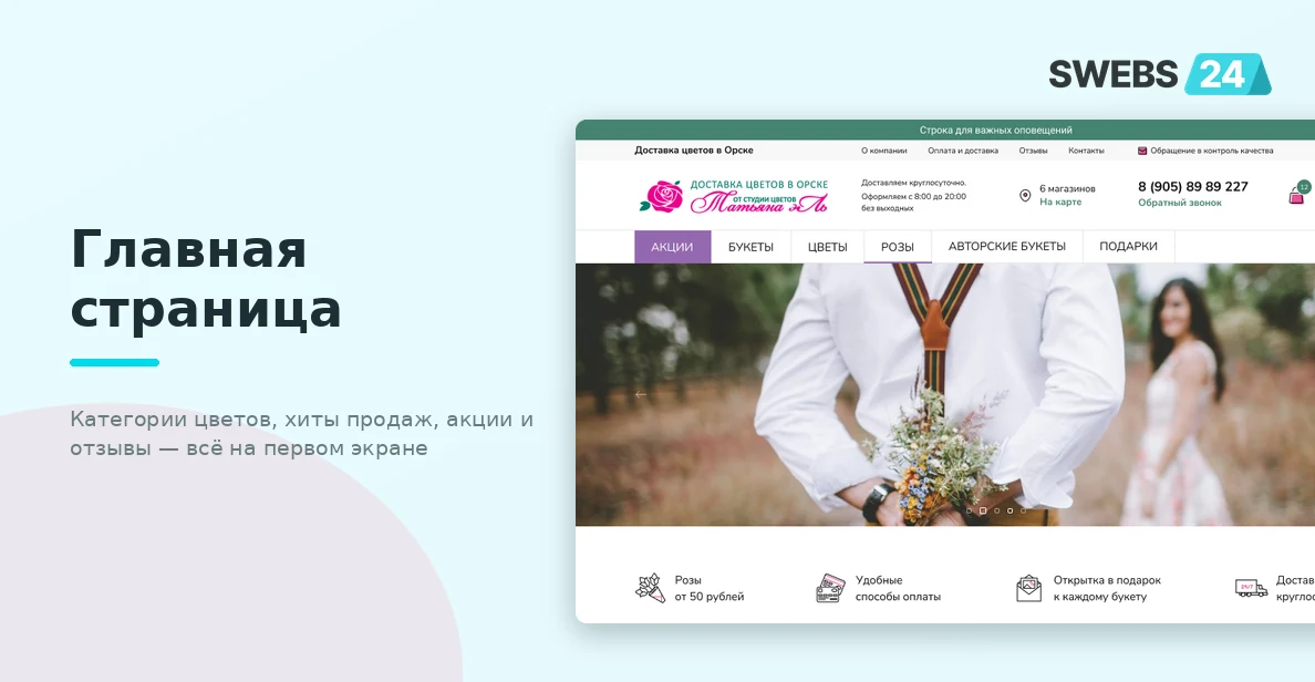 Главная страница — категории цветов, хиты продаж, акции и отзывы на первом экране
