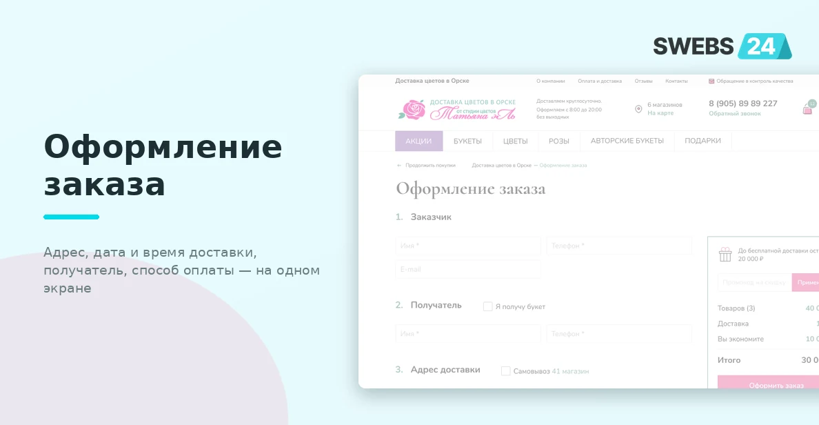 Оформление заказа — адрес, дата, получатель и способ оплаты на одном экране