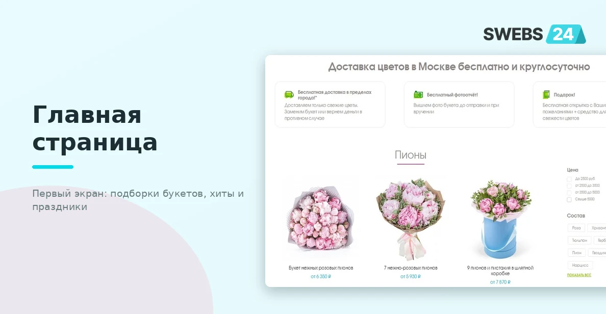 Главная страница Pion.ru — первый экран с подборками букетов