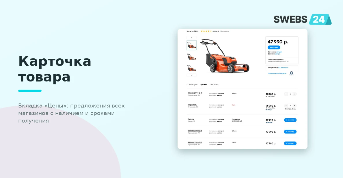 Карточка товара — вкладка «Цены» с предложениями магазинов, наличием и сроками