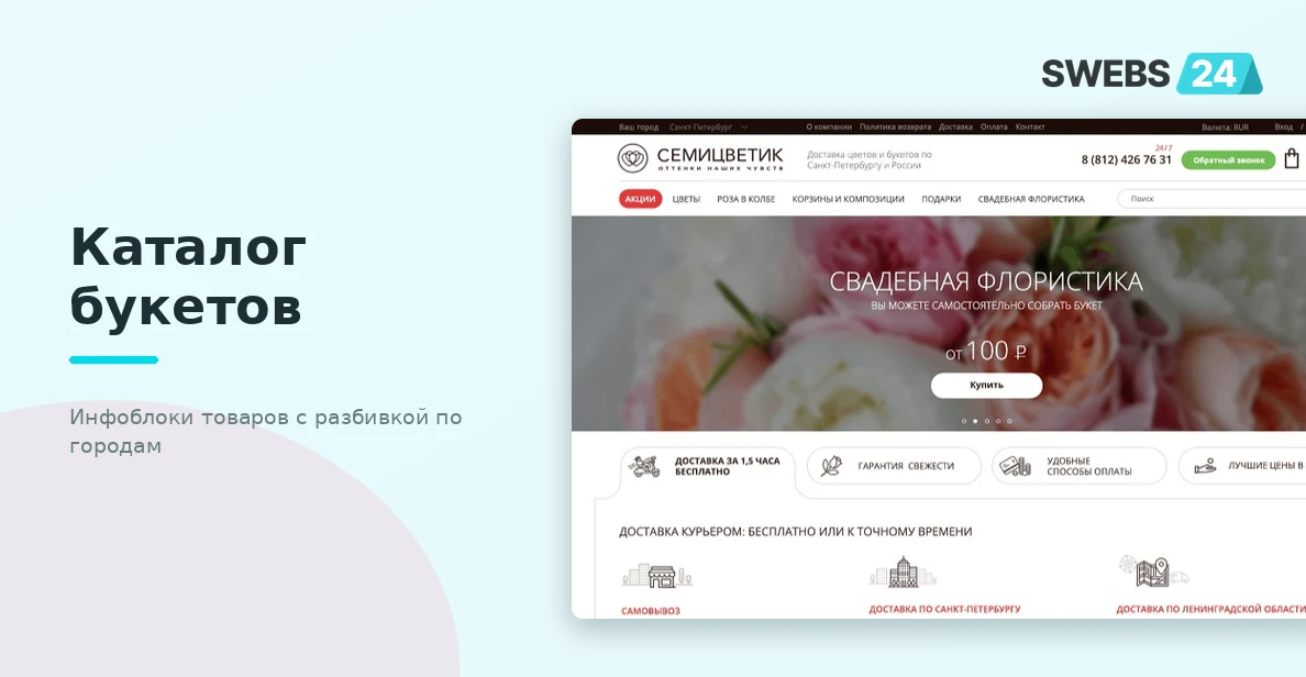 Каталог букетов — инфоблоки товаров с разбивкой по городам и автогенерацией