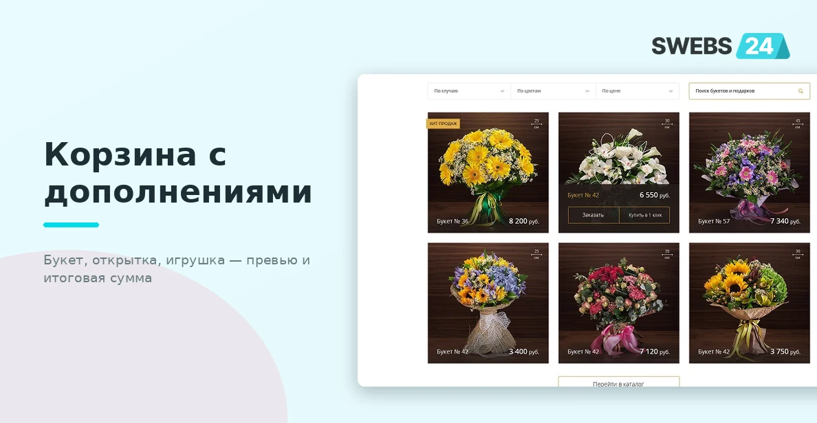 Корзина с букетом, открыткой и мягкой игрушкой — превью товаров, итог