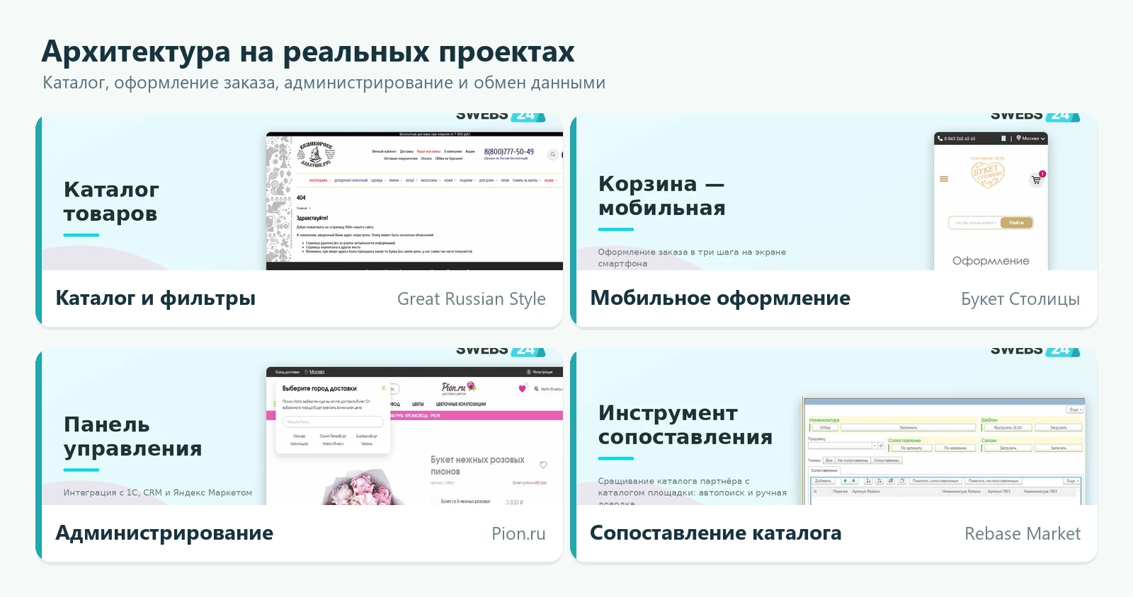 Экраны реальных проектов: каталог, мобильное оформление, администрирование и сопоставление данных