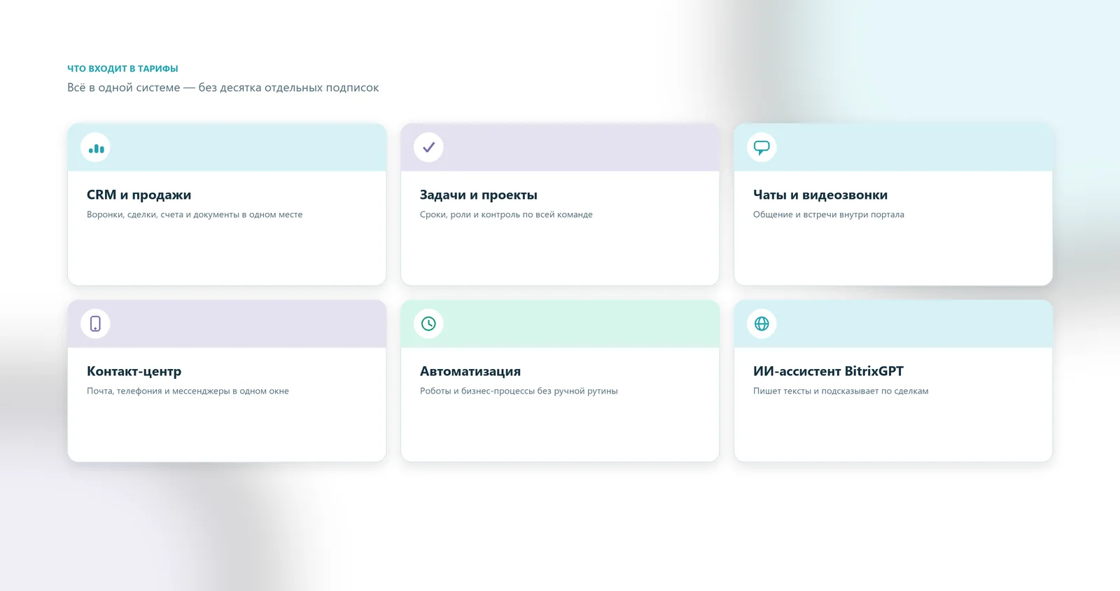 Что входит в тарифы Битрикс24: CRM и продажи, задачи и проекты, чаты и видеозвонки, контакт-центр, автоматизация, ИИ-ассистент BitrixGPT